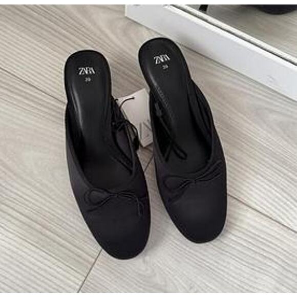 ZARA Embellished Bow Detail Mules NWT – Black Satin Heeled Slides, Sz 7.5 - Picture 15 of 16